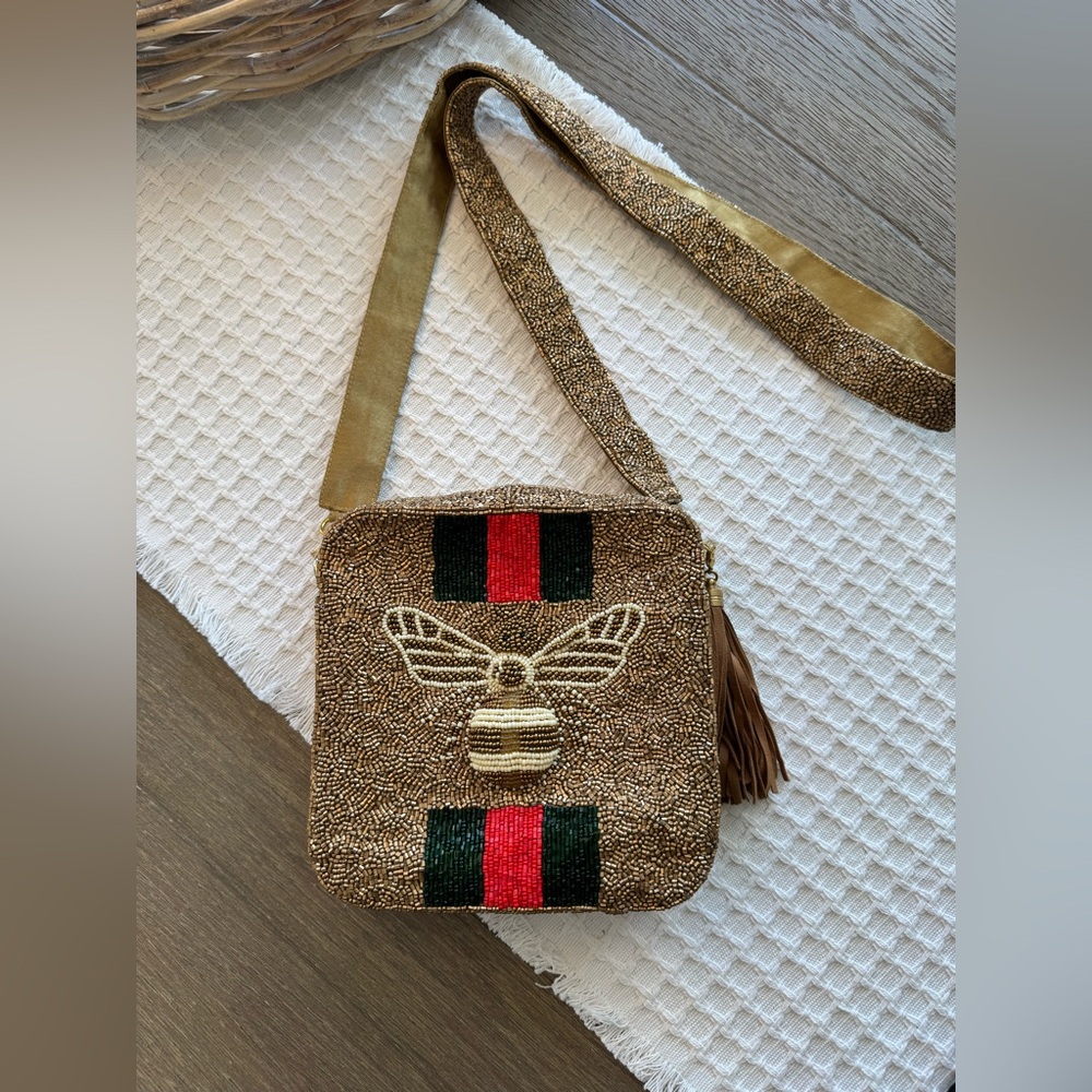 Moyna Beaded Crossbody Bag with Bee and Stripes